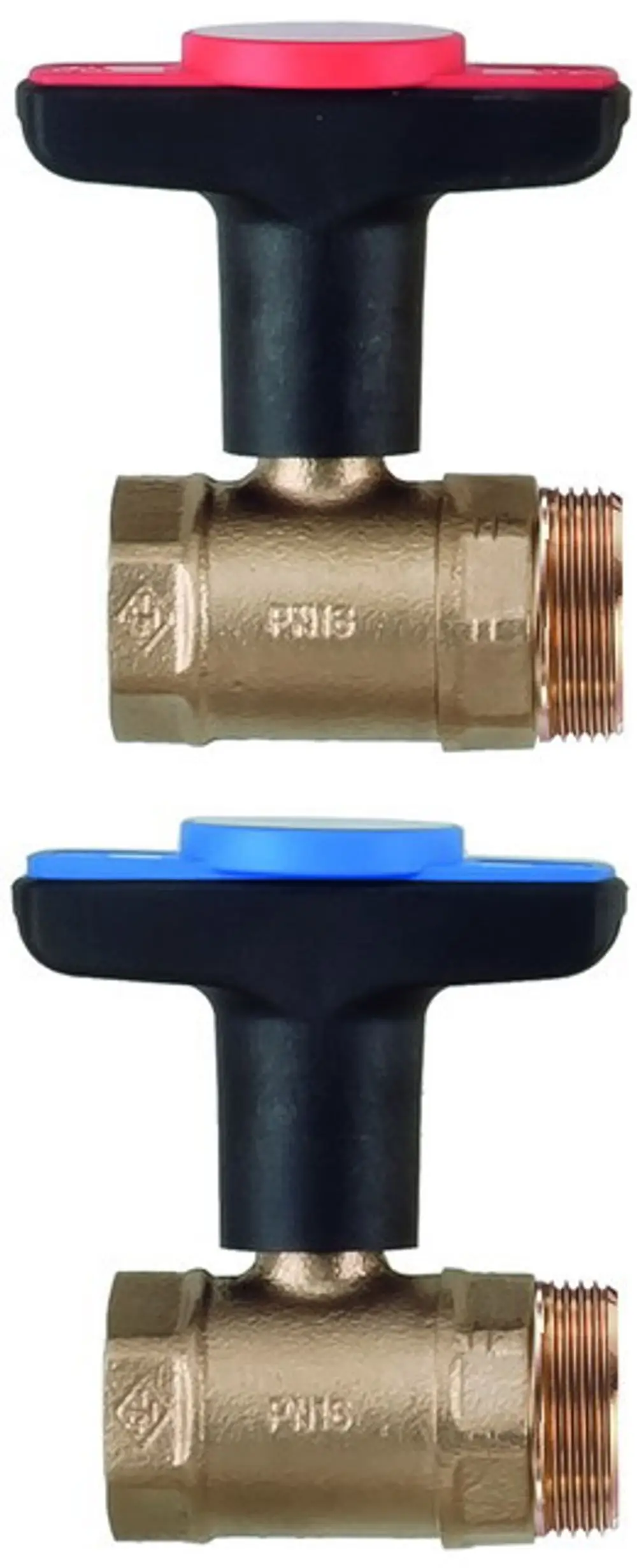 Anschlussset mit zwei Kugelhähnen, einem roten und einem blauen Griff, für Vor- und Rücklauf, gefertigt von IMI Hydronic Engineering, mit Messinganschlüssen.